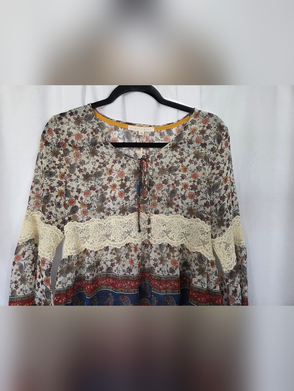 Hint Of Mint Lace-Trim Boho Peasant Blouse - Blue/Cream Sheer Top Size M - Picture 3 of 8